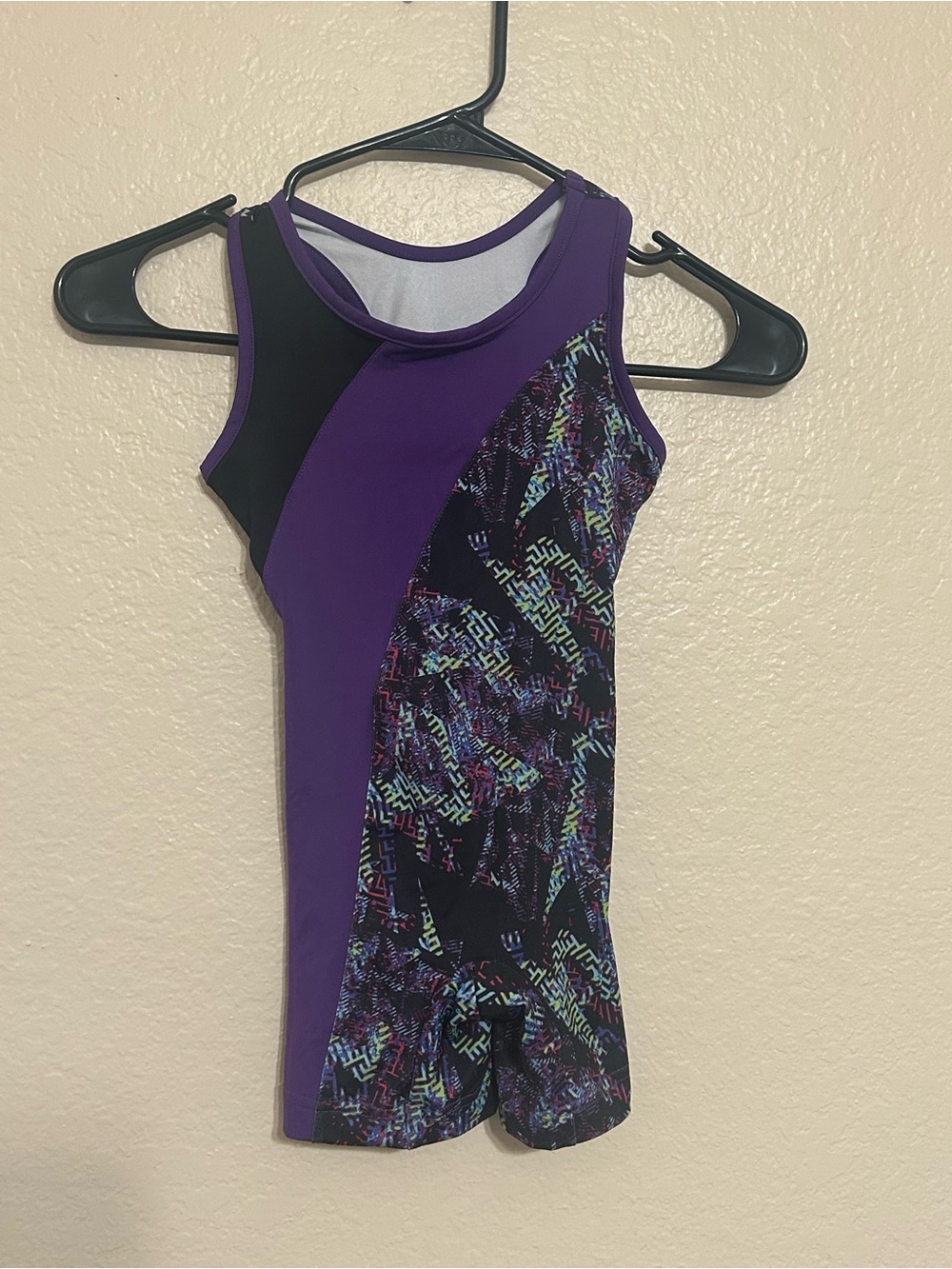 Danskin Now Biketard Leotard Bodysuit Bike Leg Silky Purple Geometric 4/5